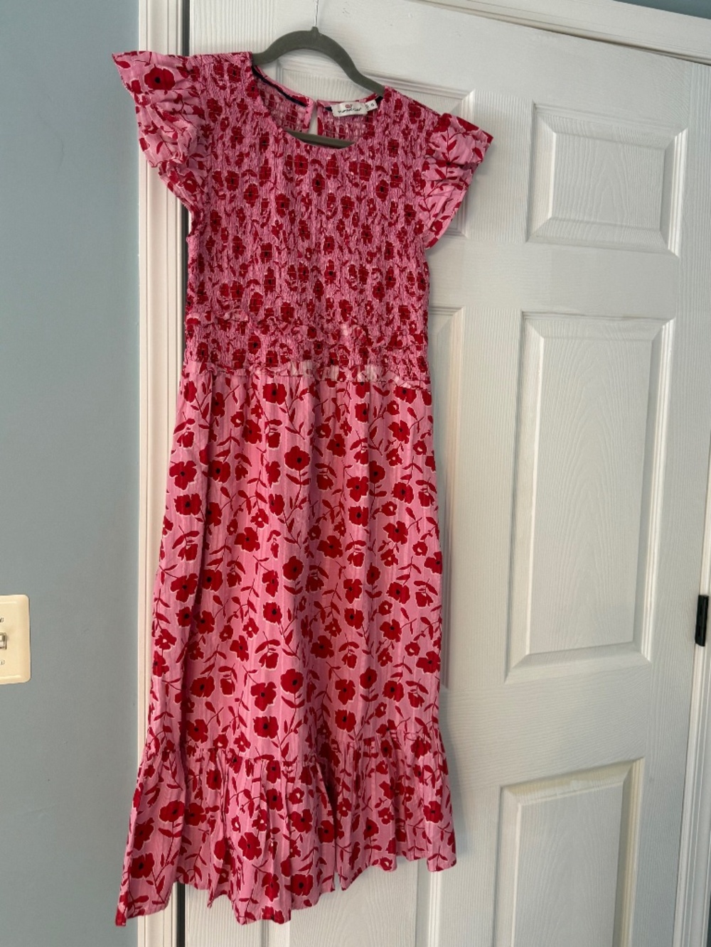 Women's Vineyard Vines Pink Floral Midi Dress with Ruffle Sleeves